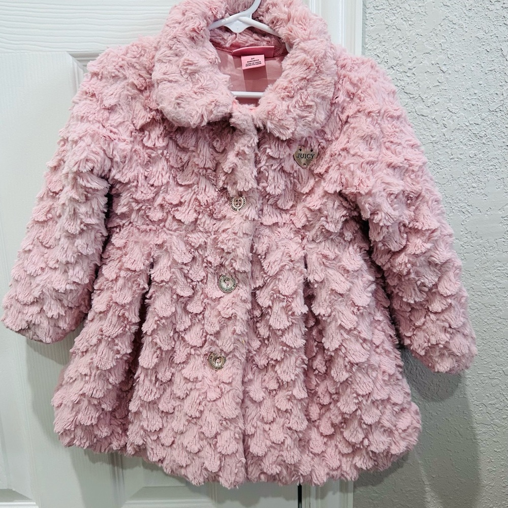 Juicy Couture Girls' Pink Faux-Fur Textured Pea Coat